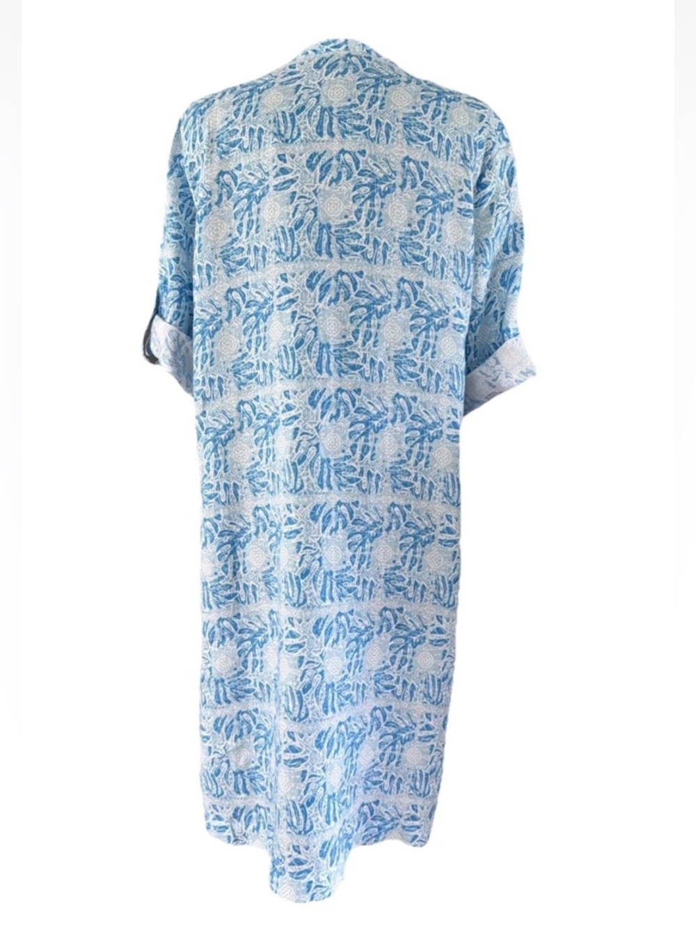 J. McLaughlin Riviera Print Blue Linen Shift Dress Pleated Roll Tab Sleeves Sz M - Picture 5 of 10